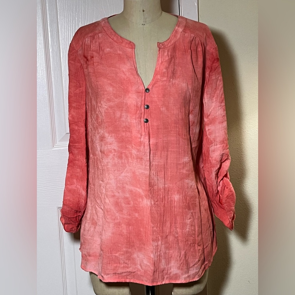 Kim Rogers Womens Petite XL Peach color v-neck tie dye high-low tunic